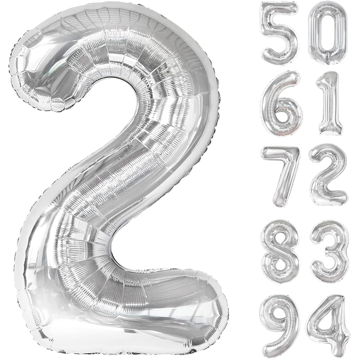 Balon Aniversar Cifra 2, Figurina din Folie Metalizata, Umflare Aer sau Heliu, Include Pai, Argintiu, 40 cm