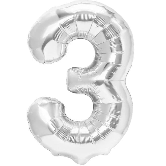 Balon Aniversar Cifra 3, Figurina din Folie Metalizata, Umflare cu Aer sau Heliu, Include Pai, Argintiu, 40 cm