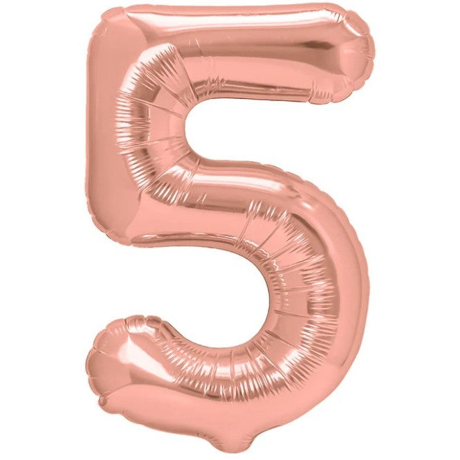 Balon Aniversar Cifra 5, Figurina din Folie Metalizata de Aluminiu, Umflare Aer sau Heliu, Ambalaj Individual cu Pai Inclus, 40 cm, Rose Gold