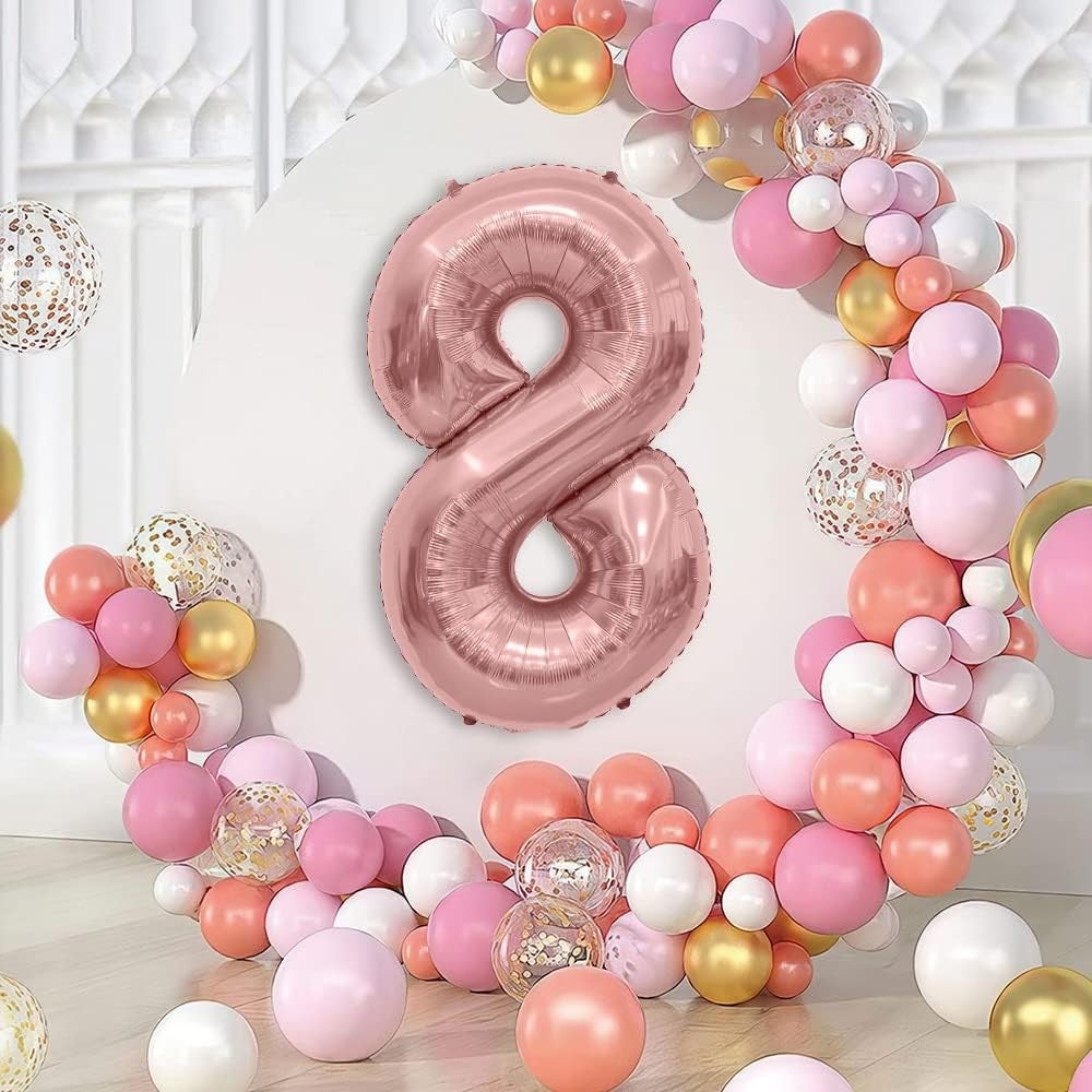 Balon Aniversar Cifra 8, Figurina din Folie Metalizata, Umflare cu Aer sau Heliu, Include Pai de Umflare, Rose Gold, 40 cm