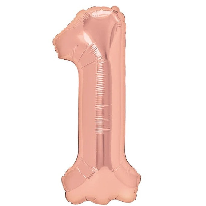 Balon Aniversar Cifra 1, Figurina din Folie de Aluminiu, Umflare cu Aer sau Heliu, include Pai, Rose Gold, 40 cm