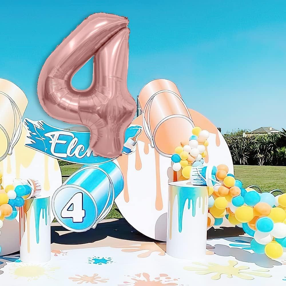 Balon Aniversar Cifra 4, Figurina din Folie Metalizata de Aluminiu, Umflare cu Aer sau Heliu, include Pai, Rose Gold, 40 cm