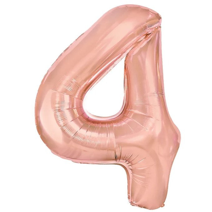 Balon Aniversar Cifra 4, Figurina din Folie Metalizata de Aluminiu, Umflare cu Aer sau Heliu, include Pai, Rose Gold, 40 cm