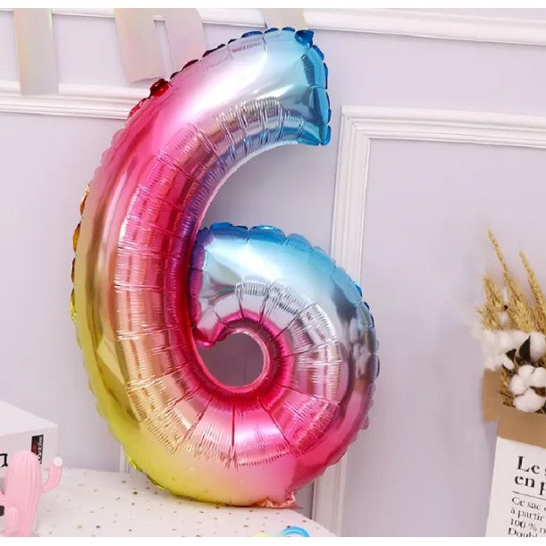 Balon Aniversar Cifra 6, Figurina din Folie Metalizata de Aluminiu, Umflare cu Aer sau Heliu, Include Pai, Multicolor, 40 cm