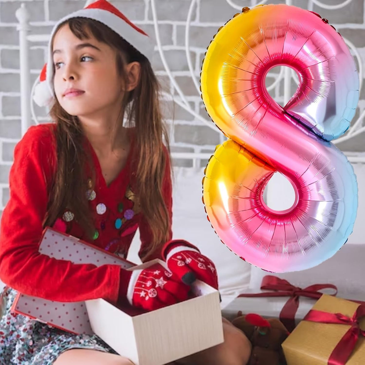 Balon Aniversar Cifra 8, Figurina din Folie Metalizata, Umflare Aer sau Heliu, Include Pai Umflare, Multicolor, 40 cm