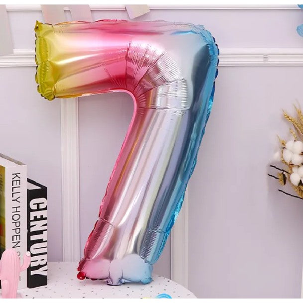 Balon Aniversar Cifra 7, Figurina din Folie Metalizata, Umflare Aer sau Heliu, Set cu Pai Inclus, 40 cm, Multicolor