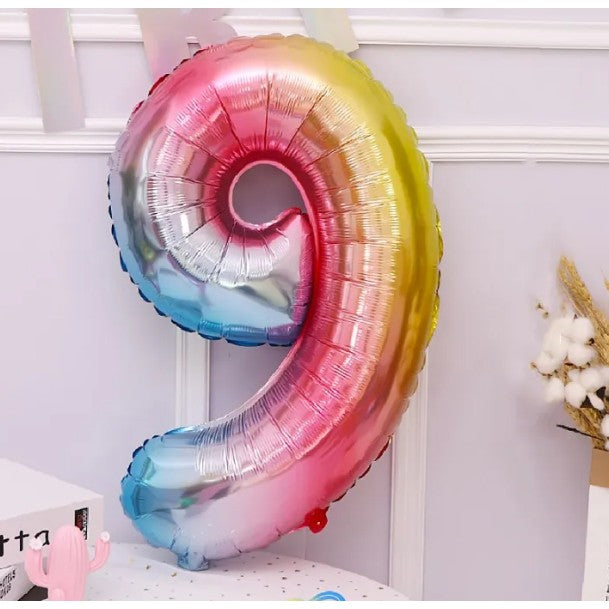 Balon Aniversar Cifra 9, Figurina din Folie de Aluminiu Metalizata, Umflare cu Aer sau Heliu, include Pai pentru Umflare, Multicolor, 40 cm
