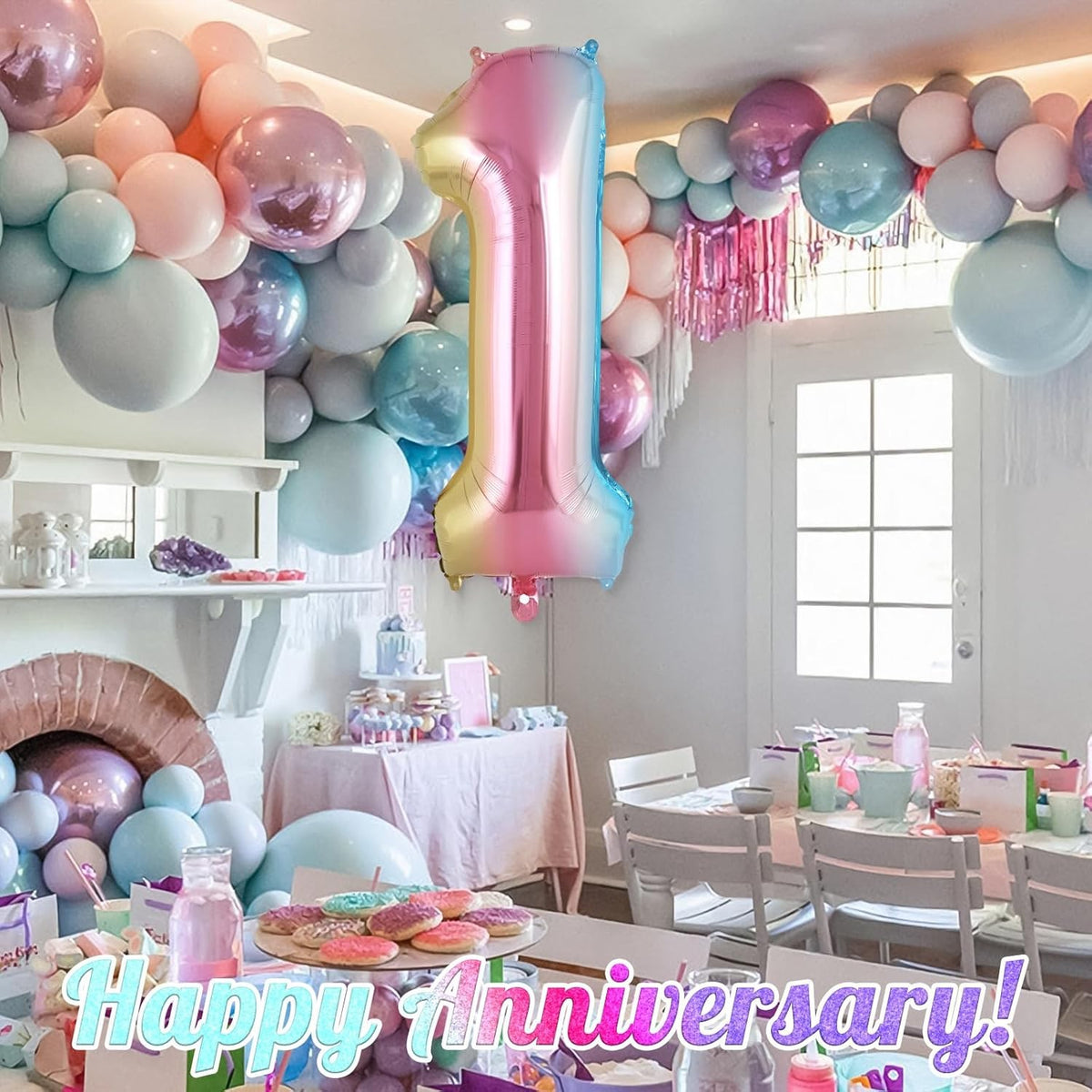 Balon Aniversar Cifra 1, Figurina din Folie Metalizata, Efect Gradient Multicolor, Umflare Aer sau Heliu, Include Pai, 40 cm