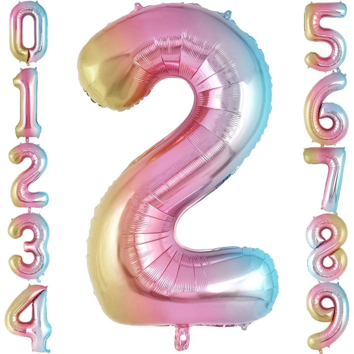 Balon Aniversar Cifra 2, Figurina din Folie Metalizata, Efect Gradient Multicolor, Umflare cu Aer sau Heliu, Inaltime 40 cm, Pai Inclus