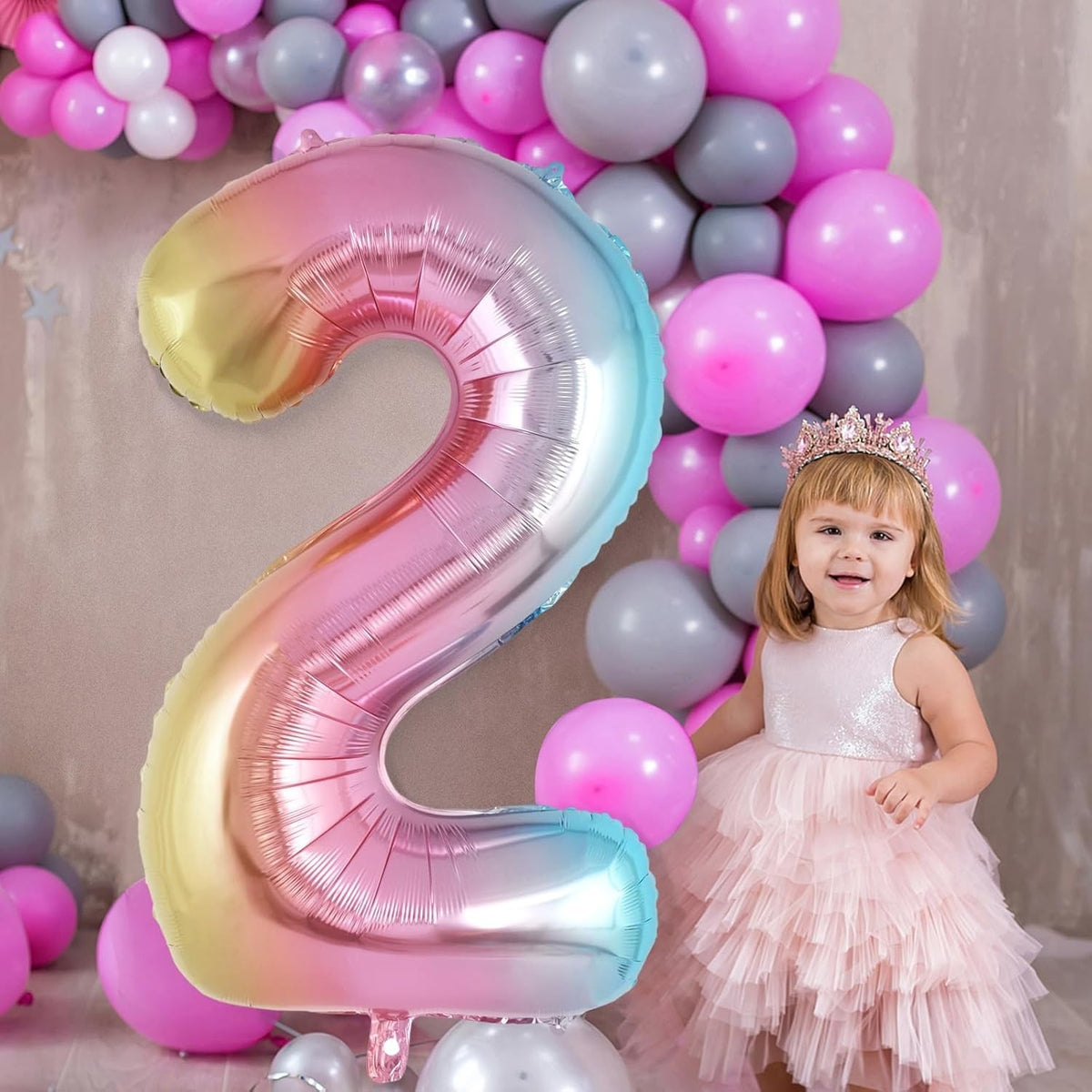 Balon Aniversar Cifra 2, Figurina din Folie Metalizata, Efect Gradient Multicolor, Umflare cu Aer sau Heliu, Inaltime 40 cm, Pai Inclus