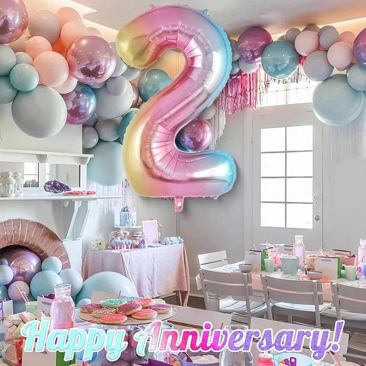 Balon Aniversar Cifra 2, Figurina din Folie Metalizata, Efect Gradient Multicolor, Umflare cu Aer sau Heliu, Inaltime 40 cm, Pai Inclus