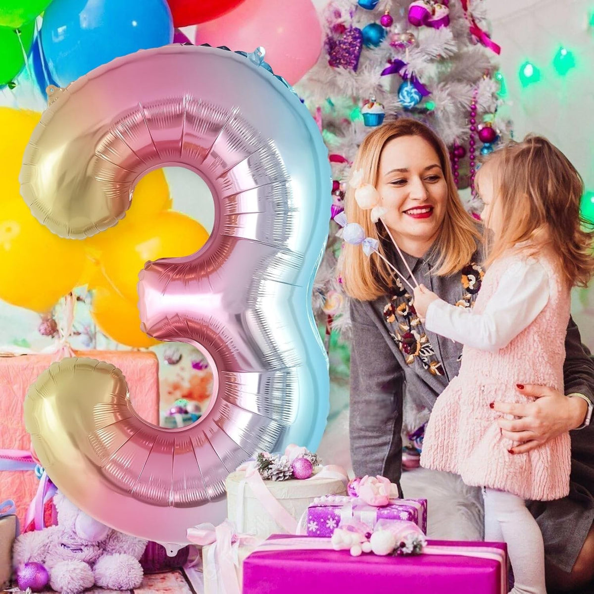 Balon Aniversar Cifra 3, Figurina din Folie Metalizata, Efect Gradient, Umflare Aer sau Heliu, Pai Inclus, Multicolor, 40 cm