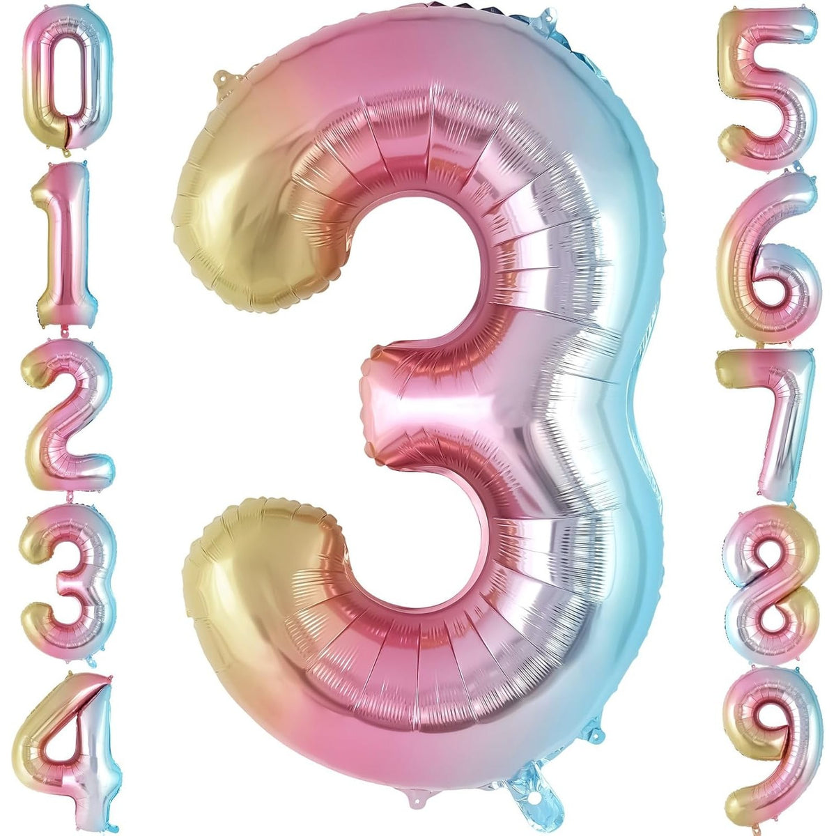 Balon Aniversar Cifra 3, Figurina din Folie Metalizata, Efect Gradient, Umflare Aer sau Heliu, Pai Inclus, Multicolor, 40 cm
