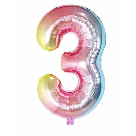 Balon Aniversar Cifra 3, Figurina din Folie Metalizata, Efect Gradient, Umflare Aer sau Heliu, Pai Inclus, Multicolor, 40 cm
