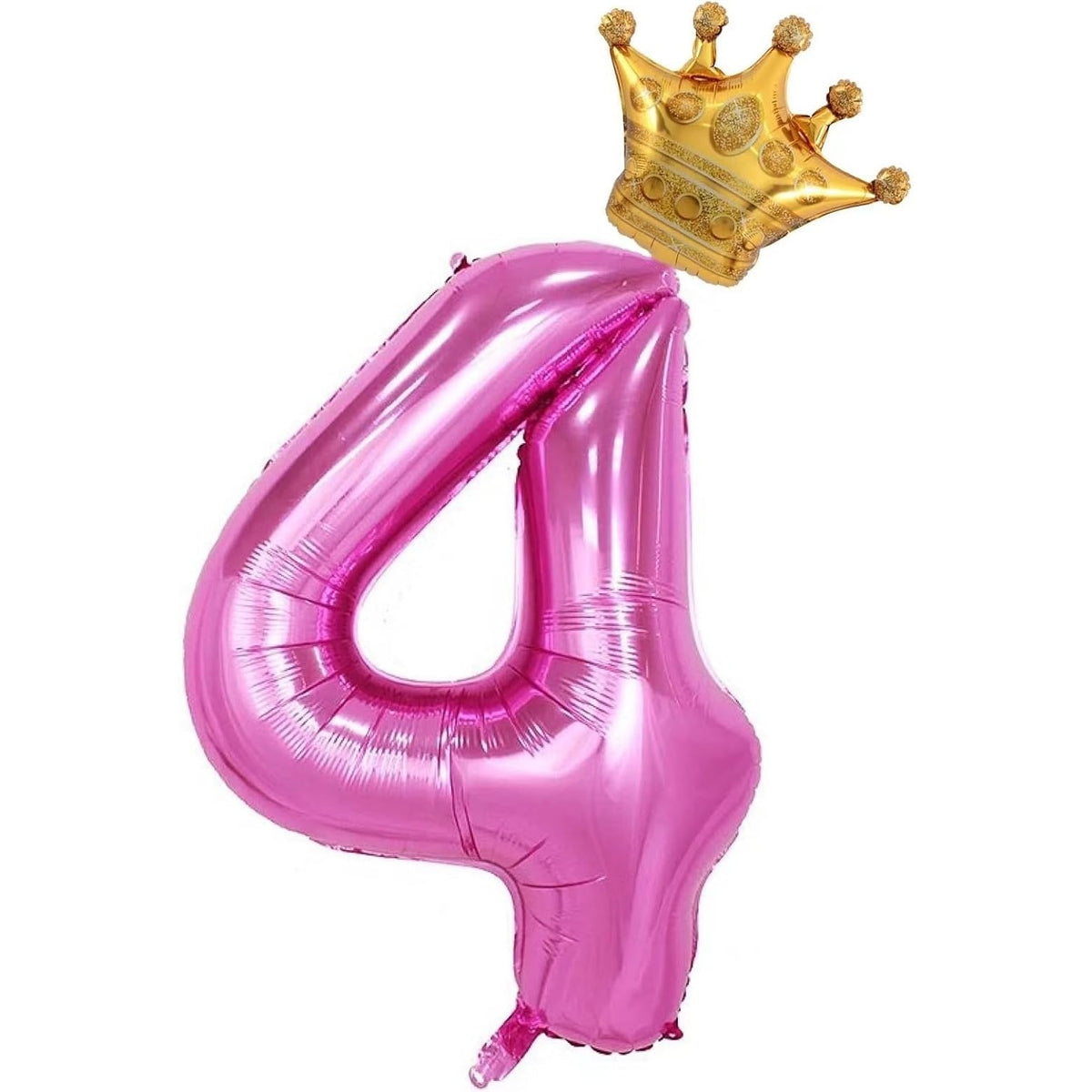 Balon Aniversar Cifra 4 cu Coroana, Figurina din Folie Metalizata, Umflare Aer sau Heliu, Inclus Pai pentru Umflare, 100 cm, Roz