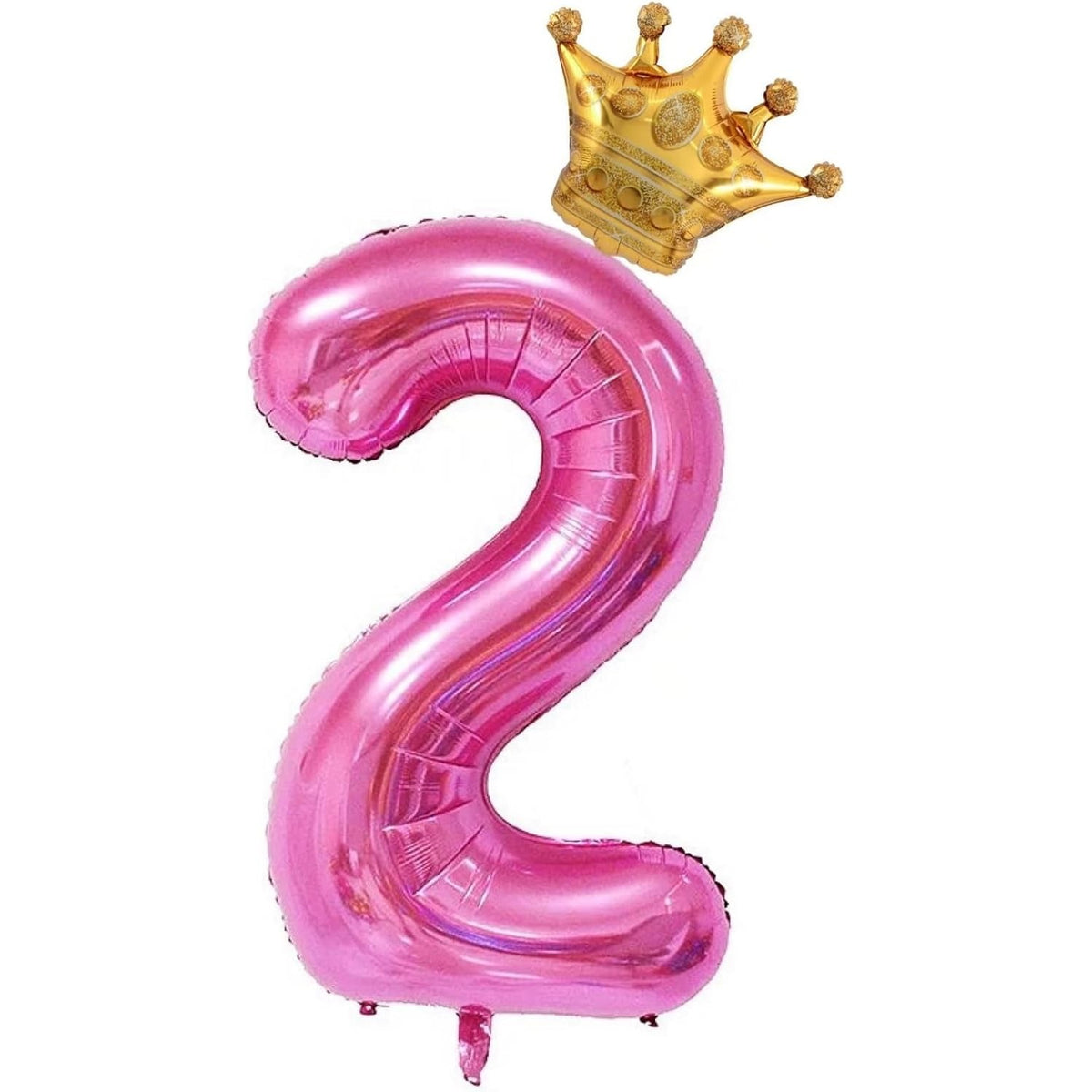 Balon Aniversar Cifra 2 cu Coroana, Figurina din Folie Metalizata, Decor Petrecere, Umflare Aer sau Heliu, 100 cm, Roz, Pai Inclus