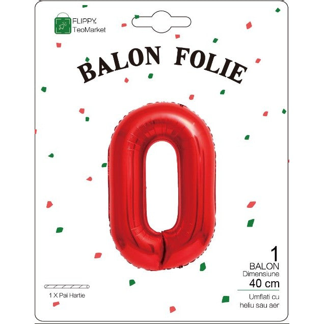 Balon Aniversar Cifra 0, Figurina din Folie Metalizata, Umflare cu Aer sau Heliu, Pai Inclus, Rosu, 40 cm
