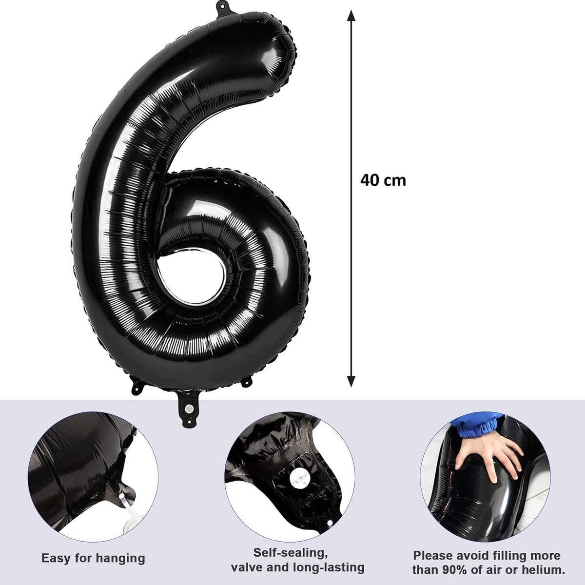 Balon Aniversar Cifra 6, Figurina din Folie Metalizata, Umflare Aer sau Heliu, Set cu Pai Inclus, Negru, 40 cm