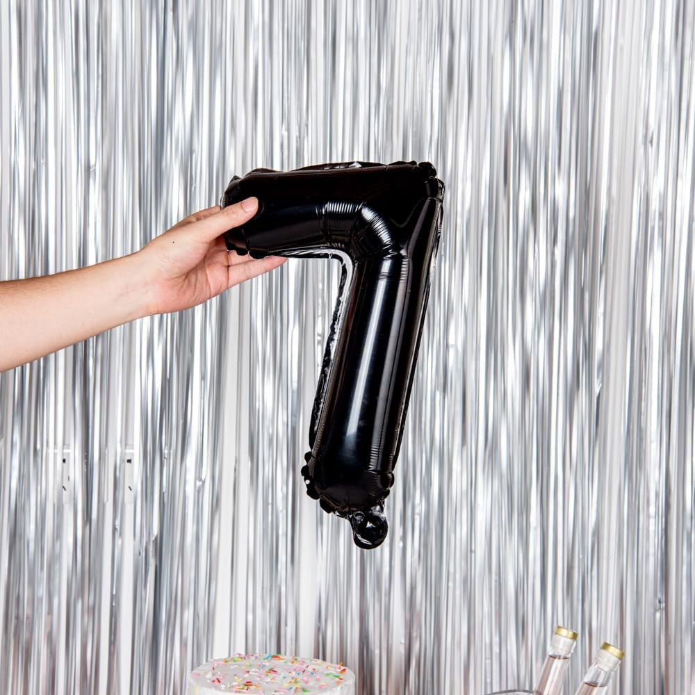Balon Aniversar Cifra 7, Figurina din Folie Metalizata, Umflare cu Aer sau Heliu, Include Pai, Negru, 40 cm