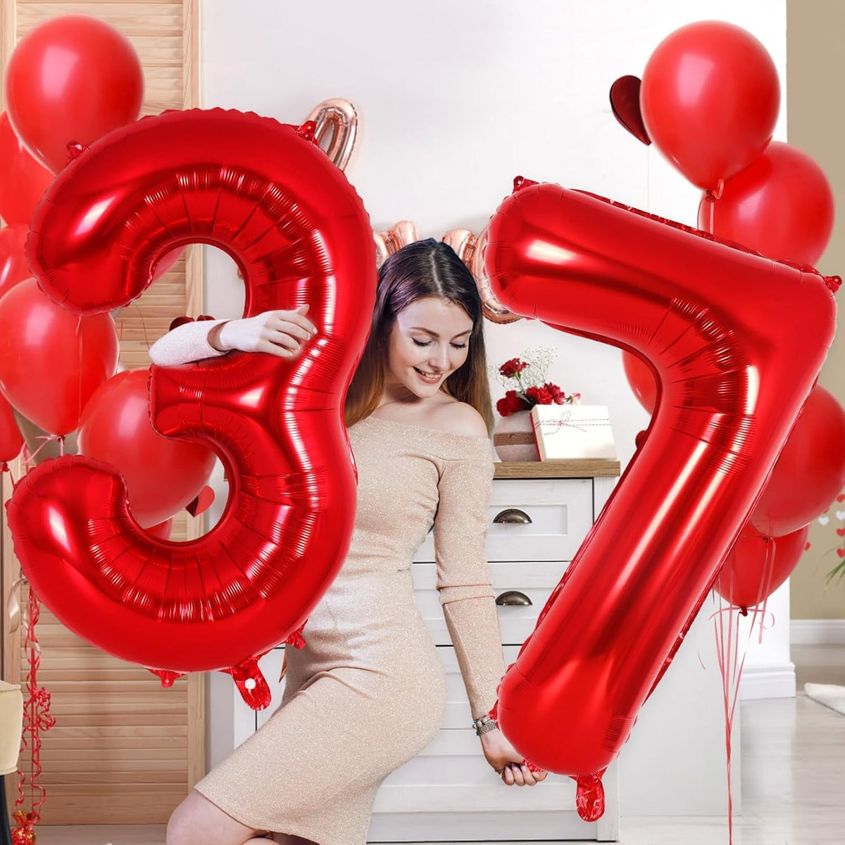 Balon Aniversar Cifra 7, Figurina din Folie Metalizata, Decor Petrecere, Umflare Aer sau Heliu, Include Pai, 40 cm, Rosu