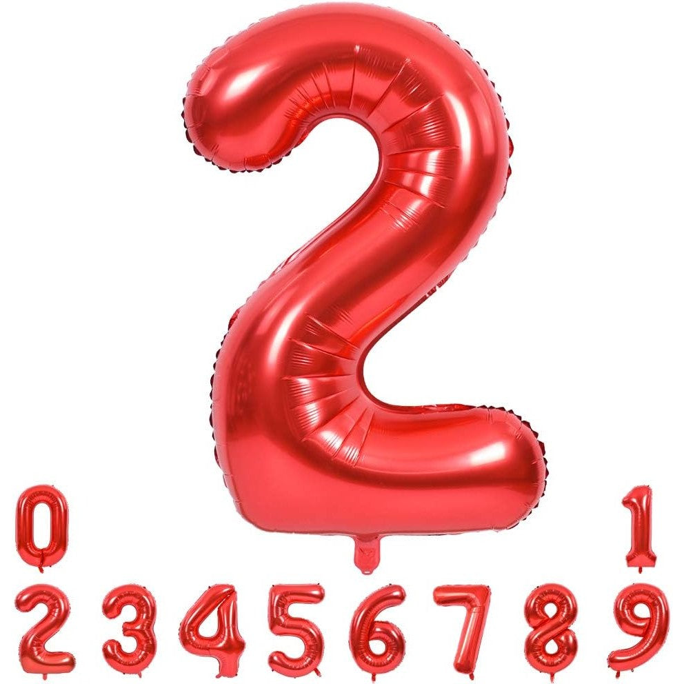 Balon Aniversar Cifra 2, Figurina din Folie Metalizata, Umflare Aer sau Heliu, Include Pai Umflare, Rosu, 40 cm