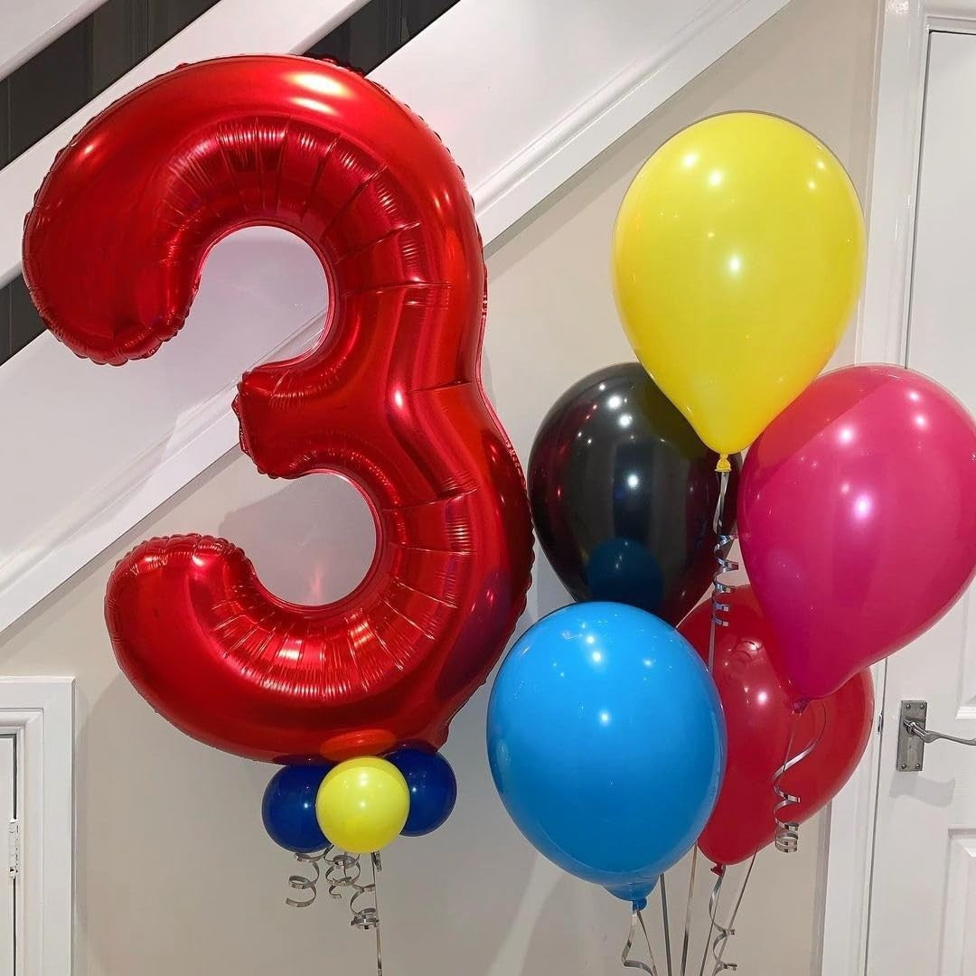 Balon Aniversar Cifra 3, Figurina din Folie Metalizata, Umflare cu Aer sau Heliu, Pai Inclus, Rosu, 40 cm
