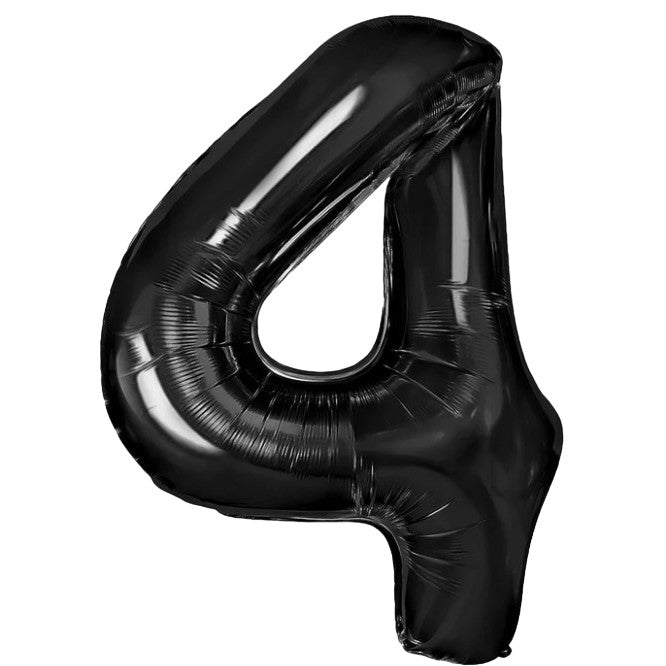 Balon Aniversar Cifra 4, Figurina din Folie Metalizata, Umflare Aer sau Heliu, Include Pai, Negru, 80 cm