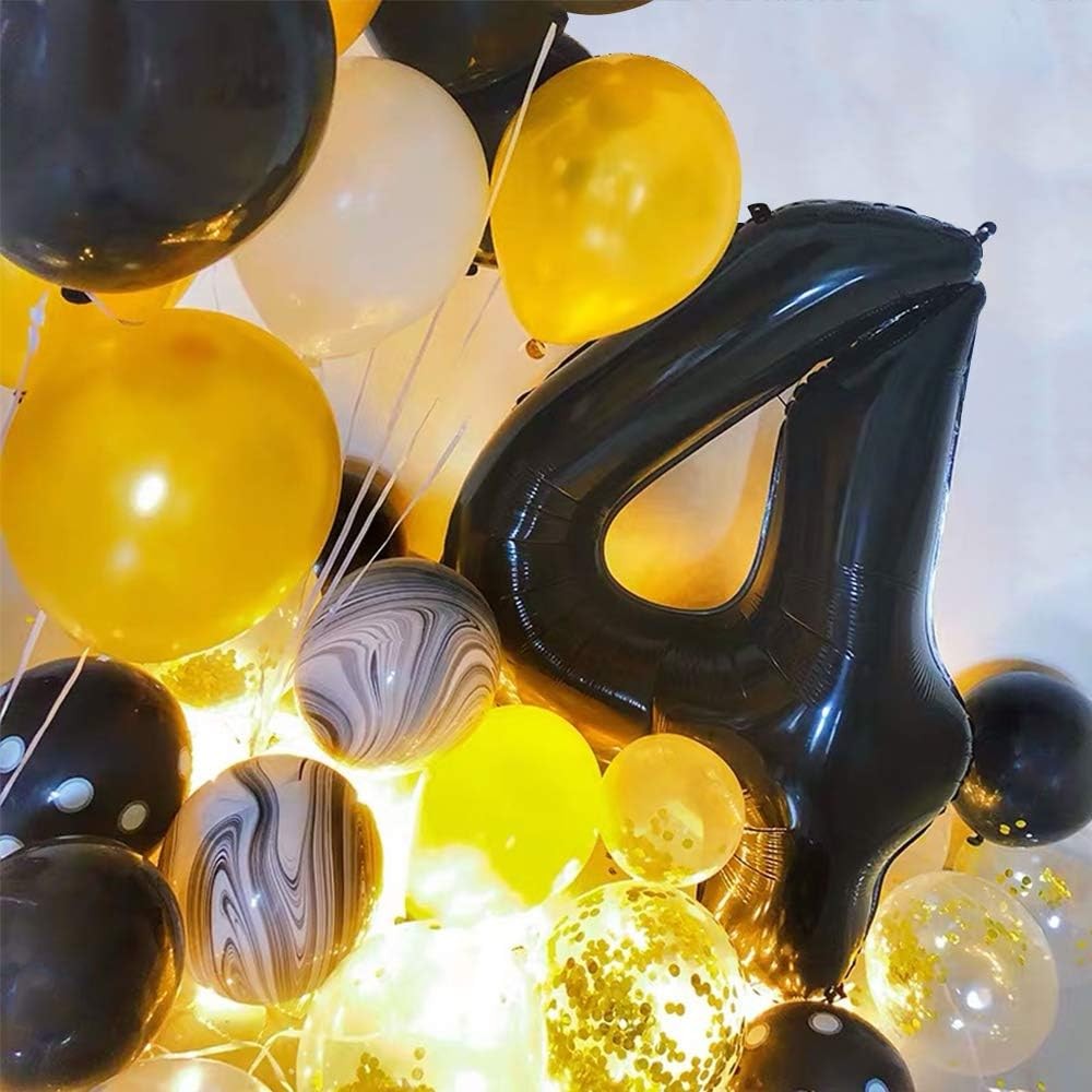 Balon Aniversar Cifra 4, Figurina din Folie Metalizata, Umflare Aer sau Heliu, Include Pai, Negru, 80 cm