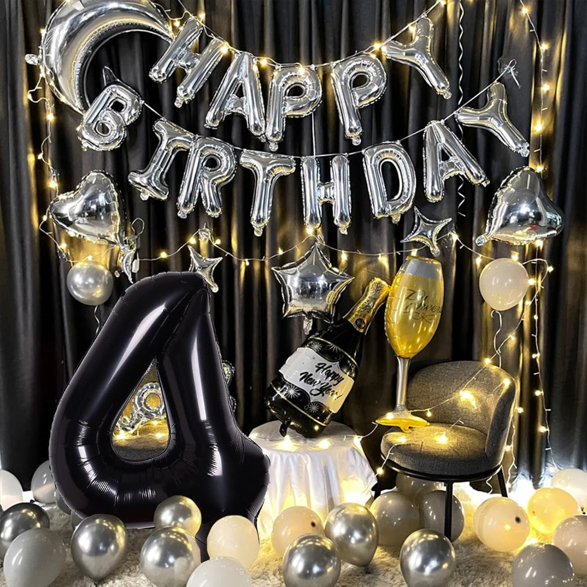 Balon Aniversar Cifra 4, Figurina din Folie Metalizata, Umflare Aer sau Heliu, Include Pai, Negru, 80 cm