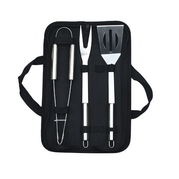 Set Ustensile Pentru Gratar Cu Paleta, Cleste Si Furculita, Otel Inoxidabil, Manere Ergonomice, Geanta Transport Oxford, 3 Piese, Argintiu