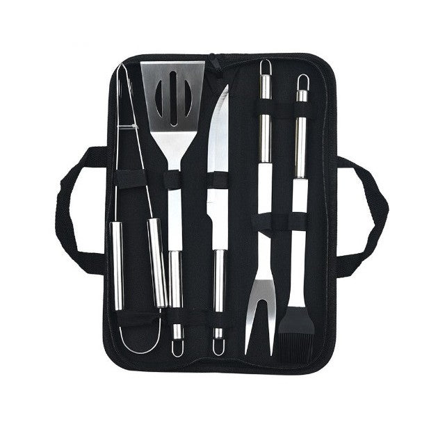 Set Ustensile Pentru Gratar Cu Manere Ergonomice, Accesorii BBQ Din Otel Inoxidabil, Geanta Depozitare Oxford, Argintiu, 5 Piese