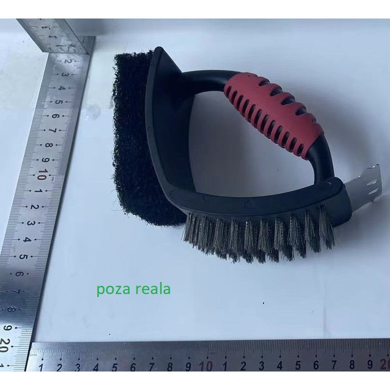 Perie Curatare Gratar 3 in 1, Perie din Otel Inoxidabil cu Racleta Metalica si Burete, Maner Ergonomic PP, 16 x 7 x 11 cm