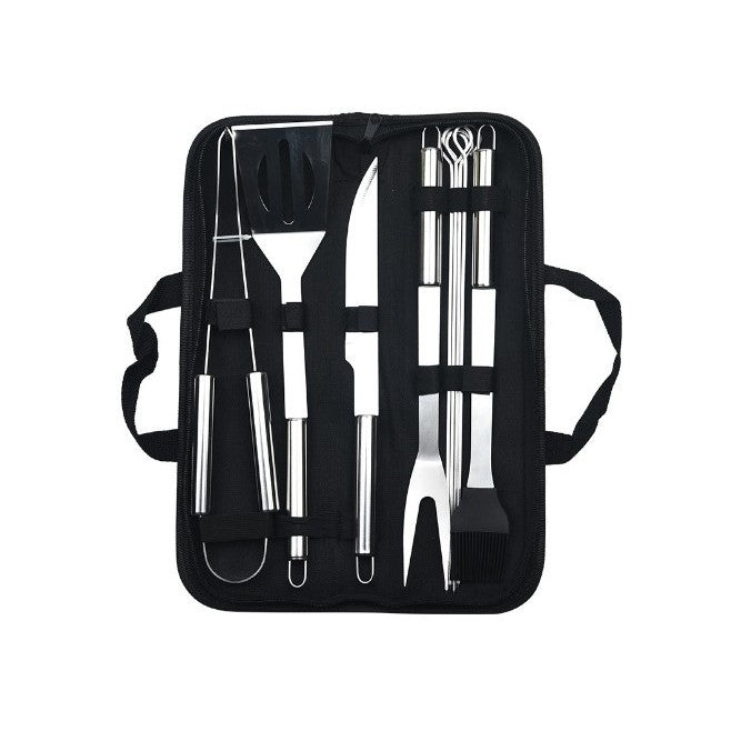 Set Ustensile pentru Gratar cu Manere Ergonomice, Otel Inoxidabil Rezistent la Coroziune, Geanta Oxford pentru Transport, Argintiu, 9 Piese
