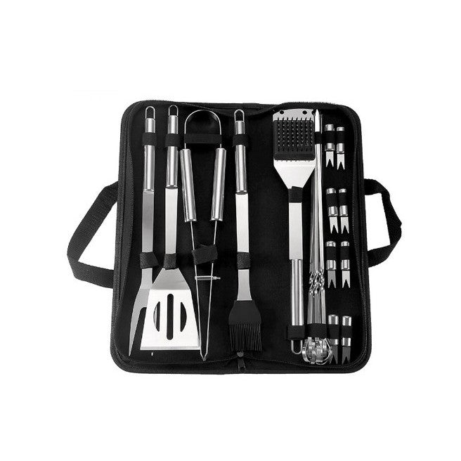 Set Ustensile pentru Gratar, 20 Piese din Otel Inoxidabil, Manere Ergonomice, Accesorii Barbierit si Gatit, Geanta Depozitare Oxford, Argintiu