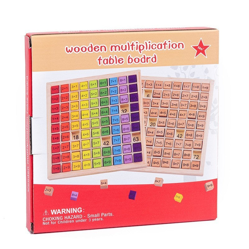 Joc Montessori Tabla Inmultirii, Jucarie Educationala cu 81 Blocuri Fata-Verso, Tabel Multiplicare 9x9, Lemn Natural, Multicolor, 18x18x1.5 cm