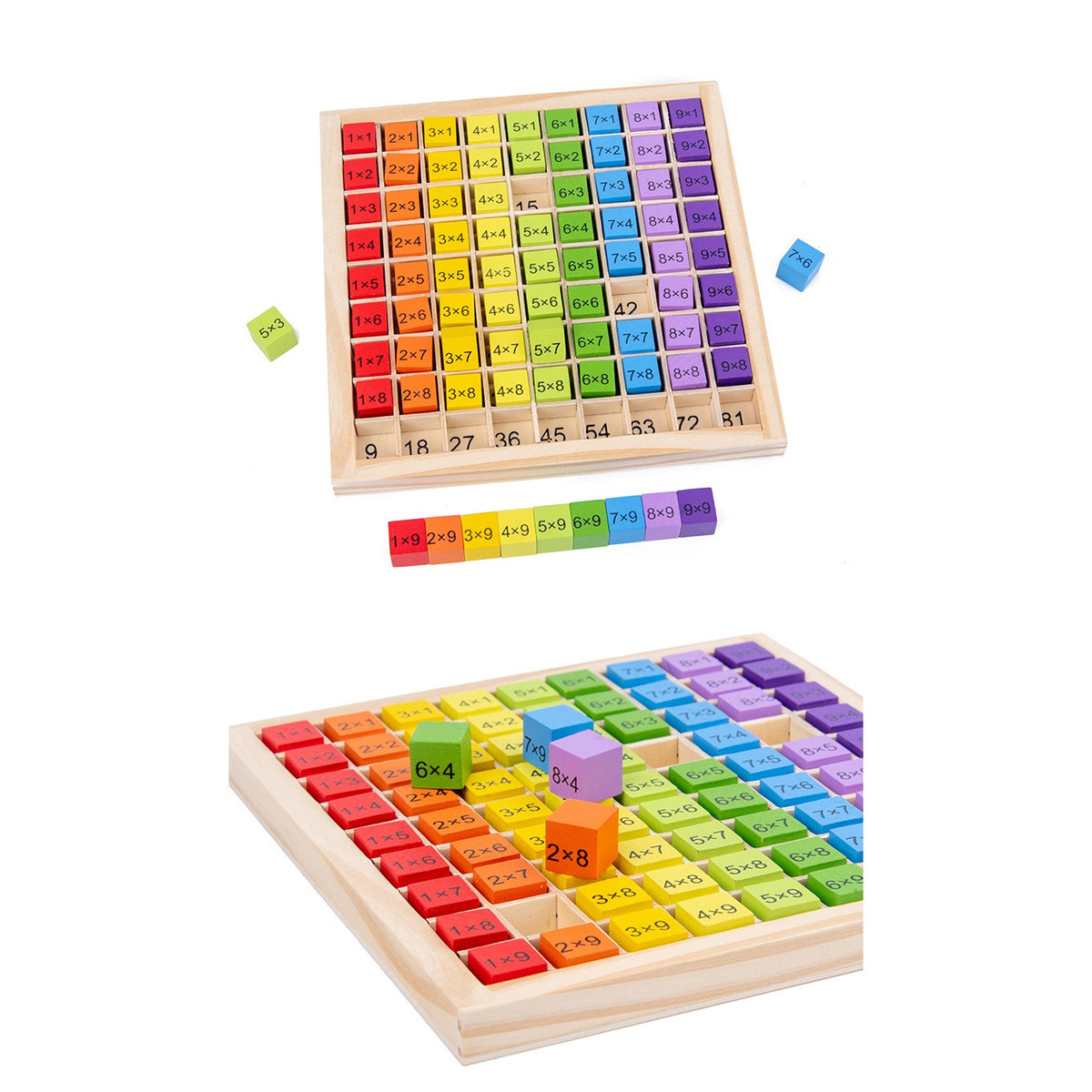 Joc Montessori Tabla Inmultirii, Jucarie Educationala cu 81 Blocuri Fata-Verso, Tabel Multiplicare 9x9, Lemn Natural, Multicolor, 18x18x1.5 cm
