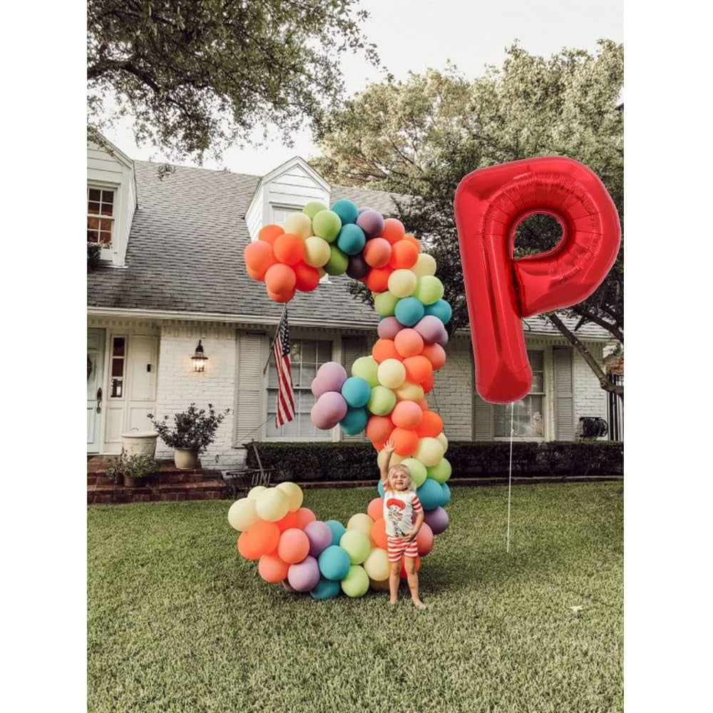 Balon Folie Metalizata Litera P, Decoratiune Petrecere Aniversara, Umflare Aer sau Heliu, Include Pai, 40 cm, Rosu