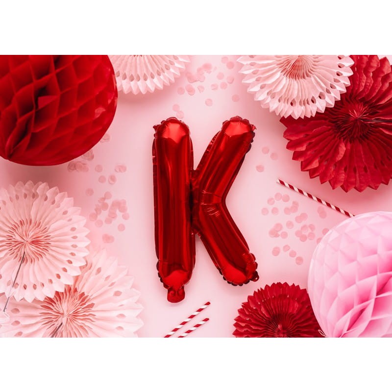 Balon Folie Metalizata Litera K, Umflare Heliu sau Aer, Decoratiuni Party, Ambalaj Individual cu Pai Inclus, Aluminiu, 40 cm, Rosu