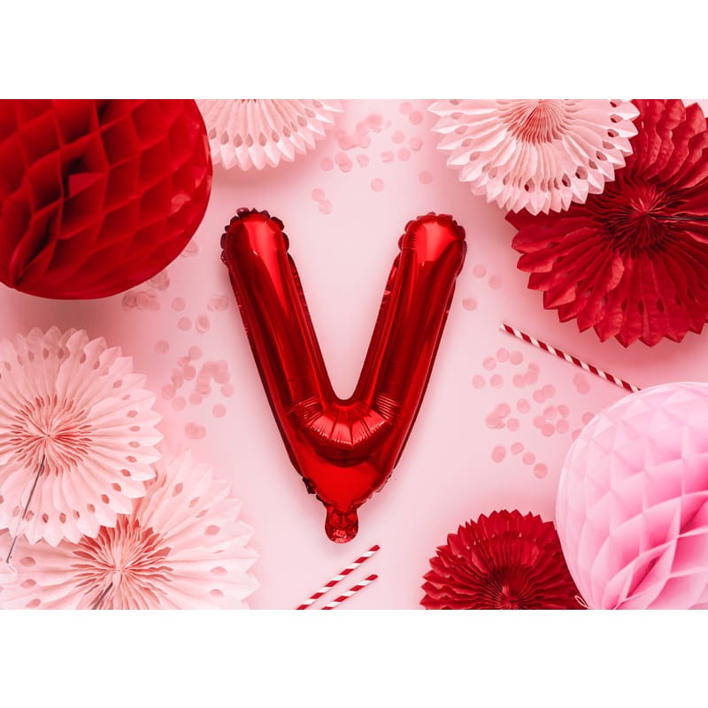 Balon Folie Metalizata Litera V, Decoratiune Petrecere Aniversara, Compatibil Heliu sau Aer, Include Pai Umflare, Rosu, 40 cm