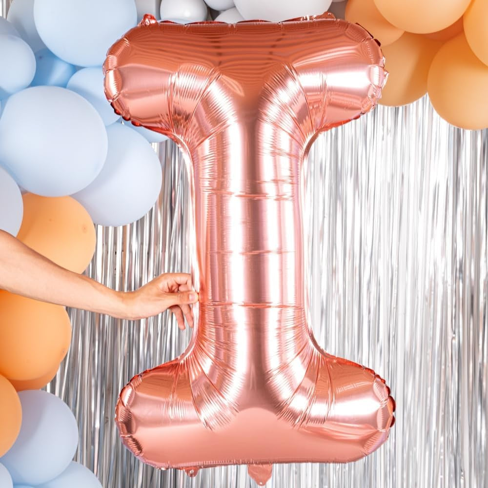 Balon Folie Metalizata Litera I, Dimensiune Mare 100 cm, Umflare cu Heliu sau Aer, Material Rezistent, Include Pai Umflare, Rose Gold