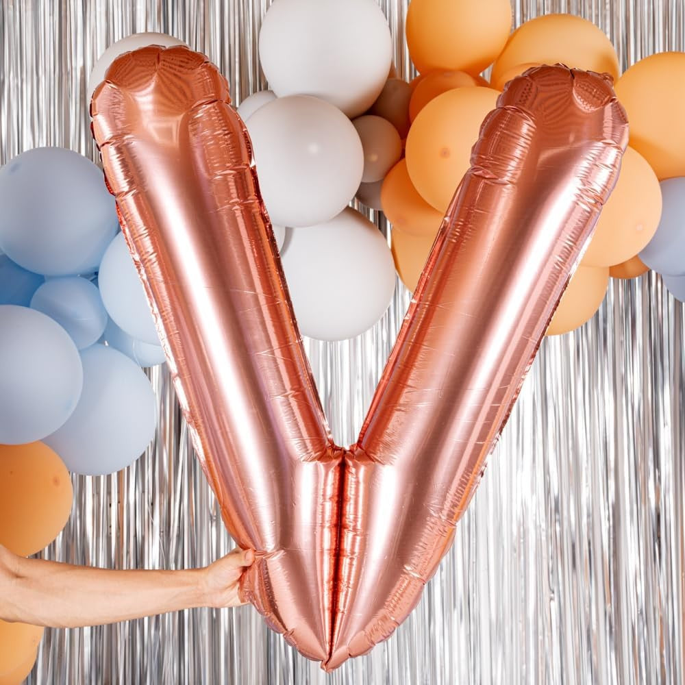 Balon Folie Metalizata Litera V, Model Gigant Pentru Heliu Sau Aer, Aluminiu Rezistent, Include Pai Umflare, 100 cm, Rose Gold