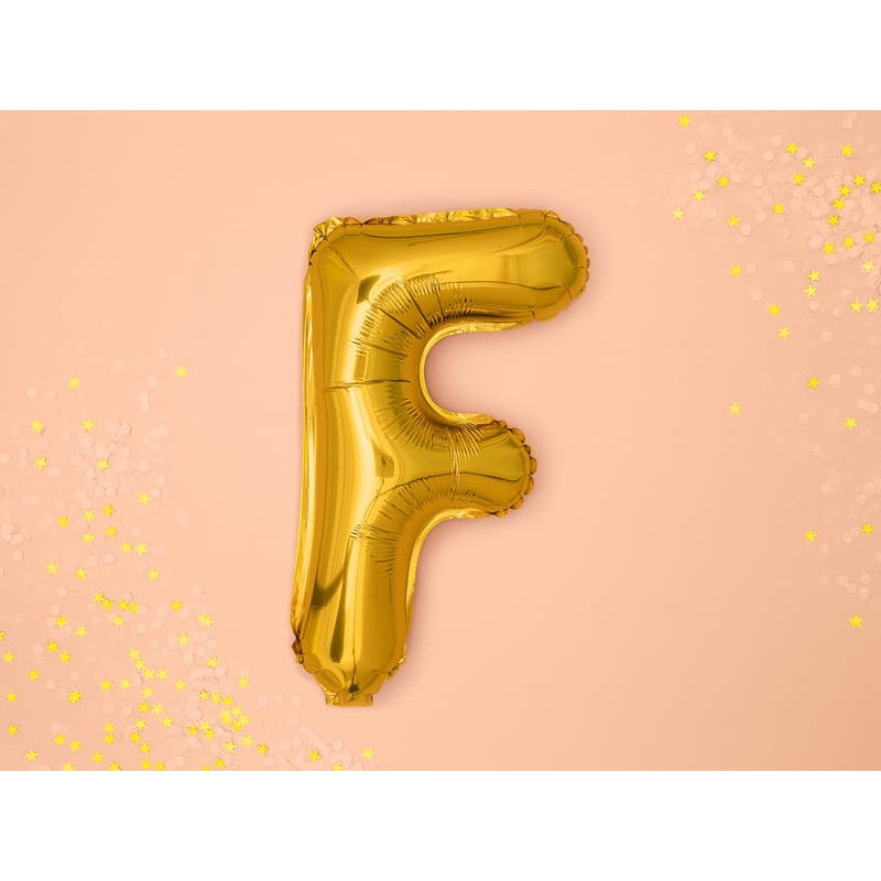 Balon Folie Metalizata Litera F, Decoratiune Petrecere Aniversara, Compatibil Heliu sau Aer, Include Pai Umflare, Aluminiu, 80 cm, Auriu