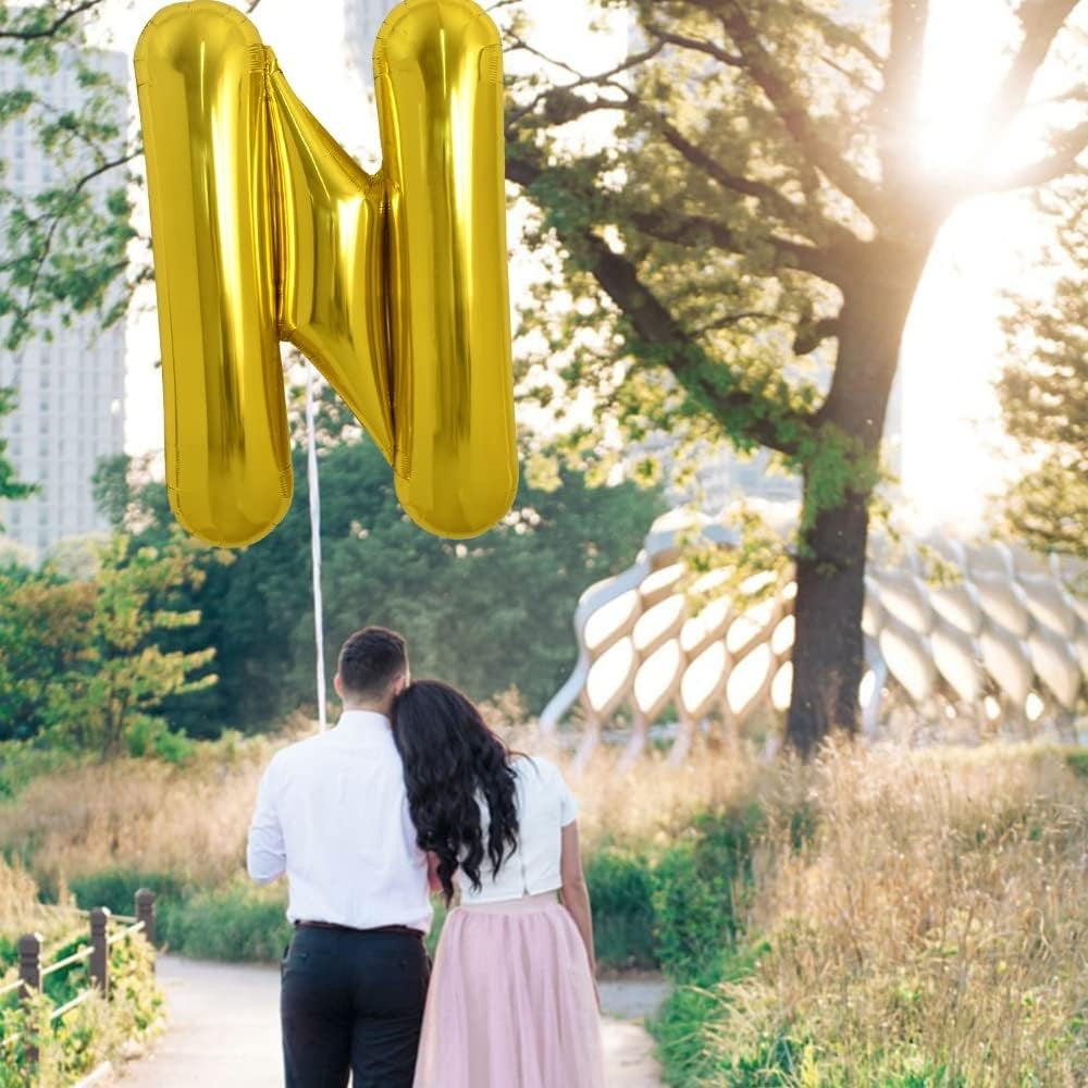Balon Folie Metalizata Litera N, Decor Petrecere Aniversara, Compatibil Heliu sau Aer, Include Pai Umflare, Aluminiu, 80 cm, Auriu