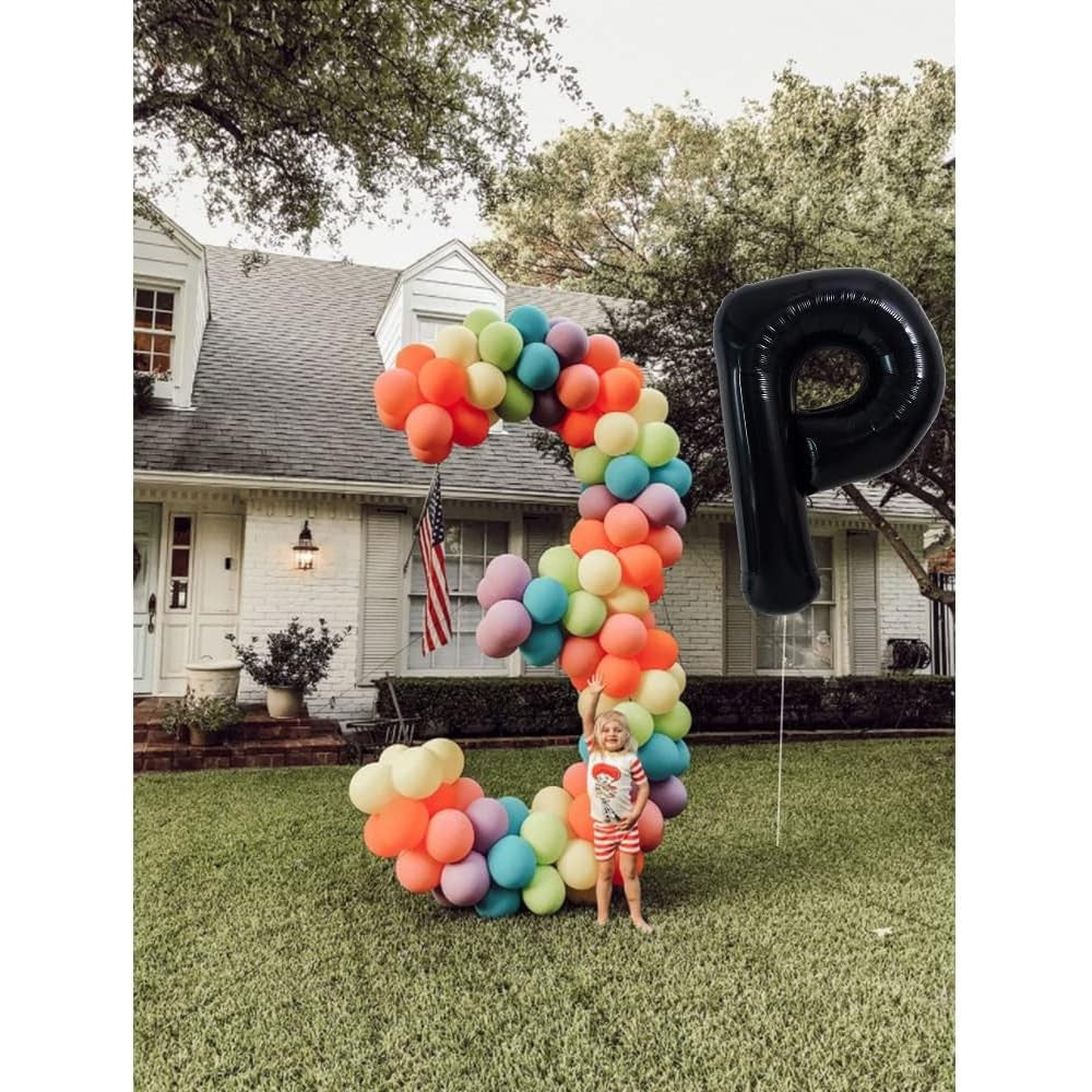 Balon Folie Metalizata Litera P, Decoratiune Petrecere Aniversara, Umflare Heliu sau Aer, Include Pai, Negru, 40 cm