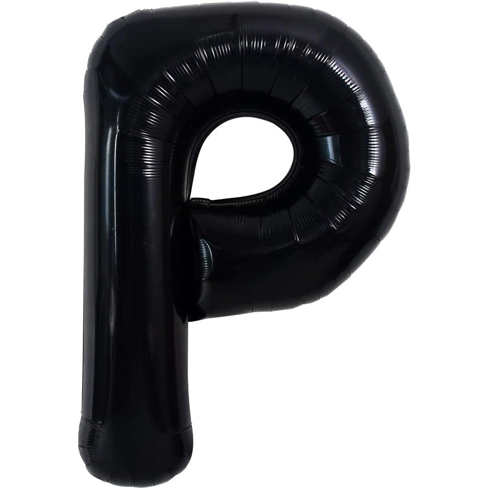 Balon Folie Metalizata Litera P, Decoratiune Petrecere Aniversara, Umflare Heliu sau Aer, Include Pai, Negru, 40 cm