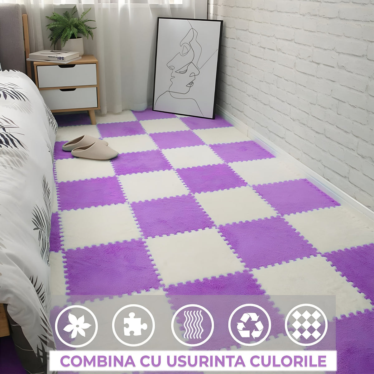 Covor Tip Puzzle Pentru Copii, Spuma EVA Moale Si Pufoasa, Protectie Podea Termoizolanta, 10 Piese, 30 x 30 x 1 cm, Mov