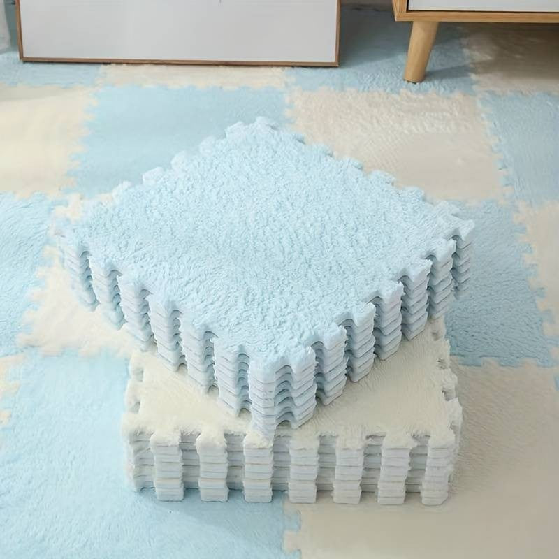 Covor Tip Puzzle Pentru Copii, Suprafata Moale Si Pufoasa, Spuma Eva Termoizolanta, Set 10 Piese, 30 x 30 x 1 cm, Baby Blue