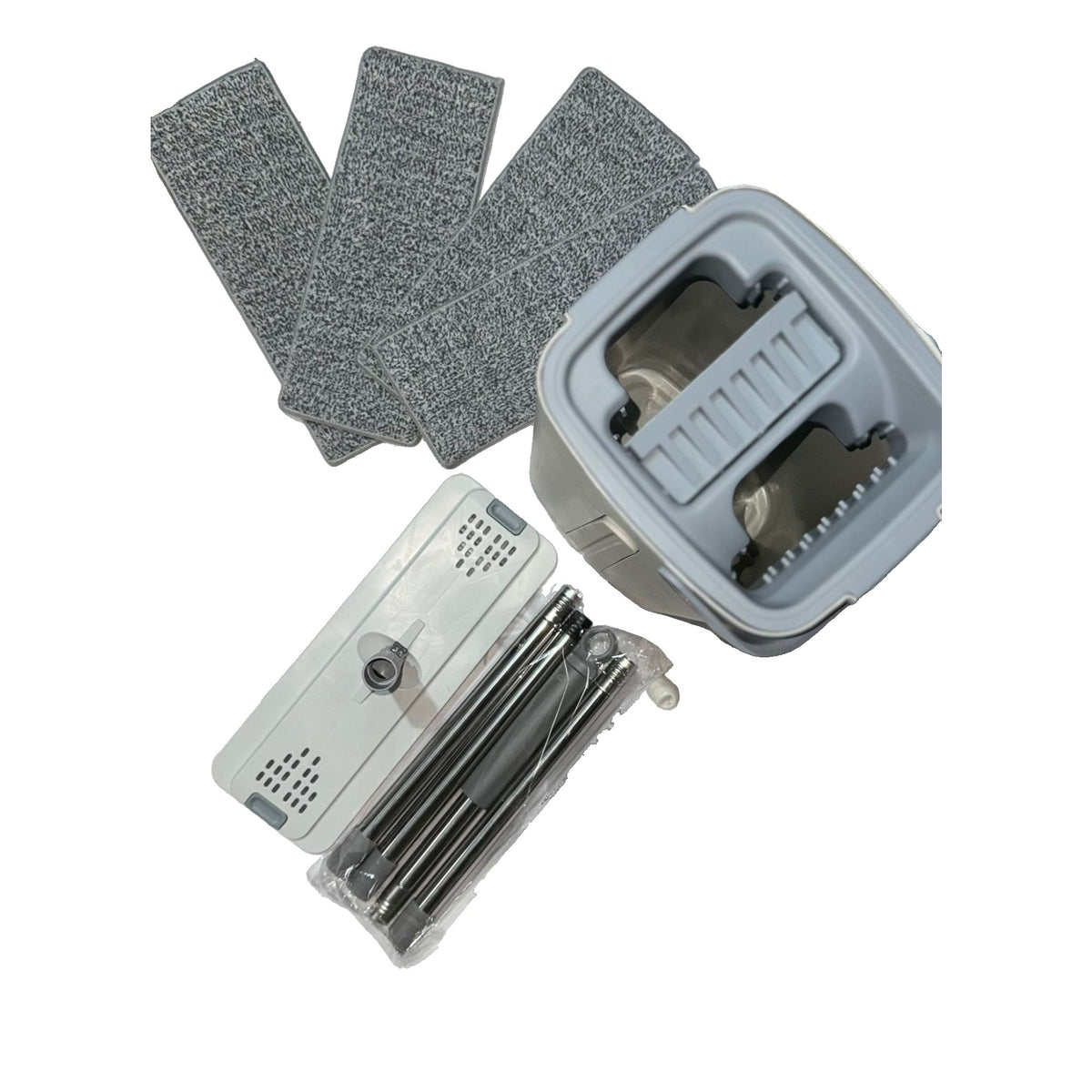 Set de Curatenie cu Mop Plat si Galeata, Stoarcere Fara Maini si Rotire 360 Grade, Tija Inox Telescopica, Plastic si Microfibra, 5.7 l, 4 Rezerve Incluse, Albastru/Alb