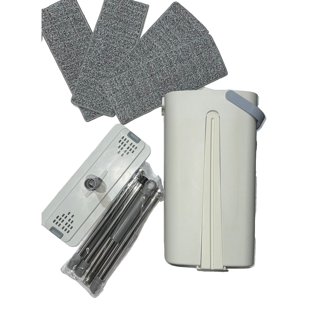 Set de Curatenie cu Mop Plat si Galeata, Stoarcere Fara Maini si Rotire 360 Grade, Tija Inox Telescopica, Plastic si Microfibra, 5.7 l, 4 Rezerve Incluse, Albastru/Alb