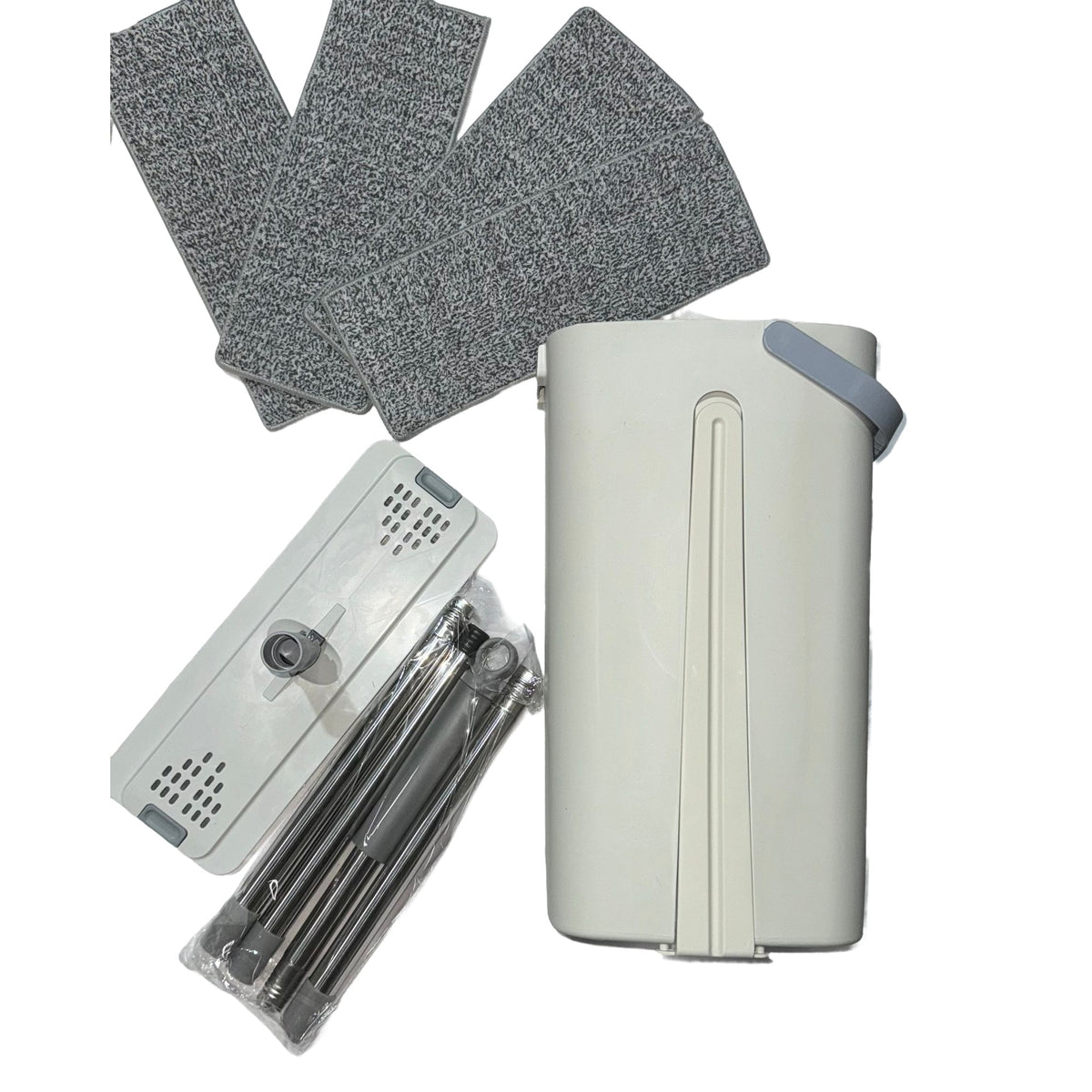 Set de Curatenie cu Mop Plat si Galeata, Stoarcere Fara Maini si Rotire 360 Grade, Tija Inox Telescopica, Plastic si Microfibra, 5.7 l, 4 Rezerve Incluse, Albastru/Alb